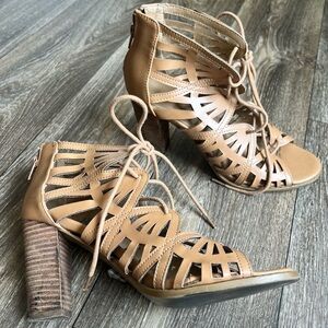 Nude Laser Cut Open Toe Block Heels